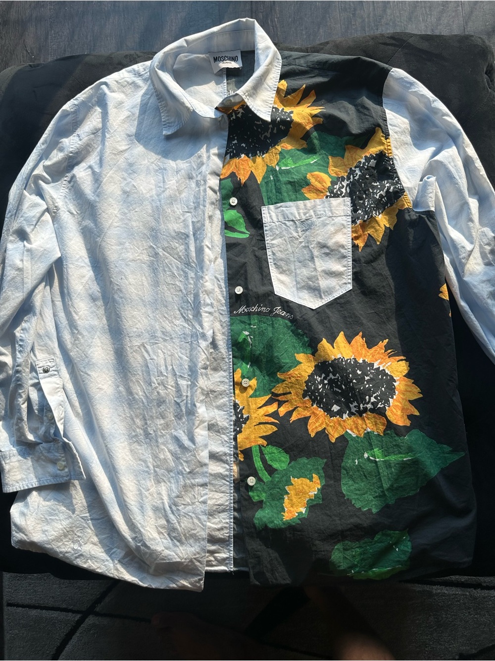 Moschino Two-Tone Sunflower Panel Shirt — White & Black with Yellow